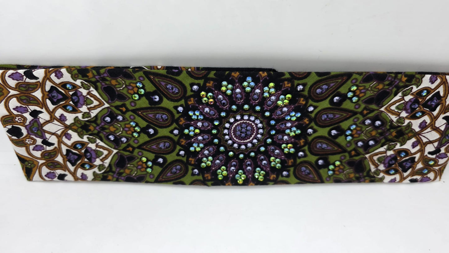 EXTRA BLING -Green Indian Bandana with Light Purple, Dark Purple and Vitrail Medium Austrian Crystals (sku6416)