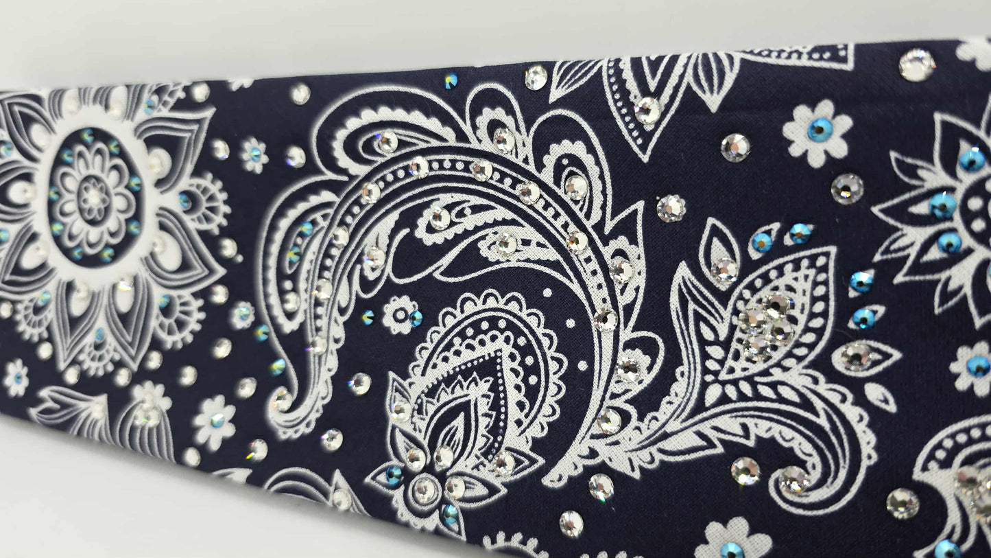 EXTRA BLING -Fancy Blue Paisley Bandana with Black Shimmer and Diamond Clear Austrian Crystals (sku6412)