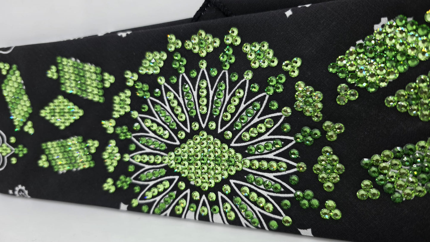 Super LeeAnnette Black Paisley Bandana with Light and Dark Green Austrian Crystals (S480102)