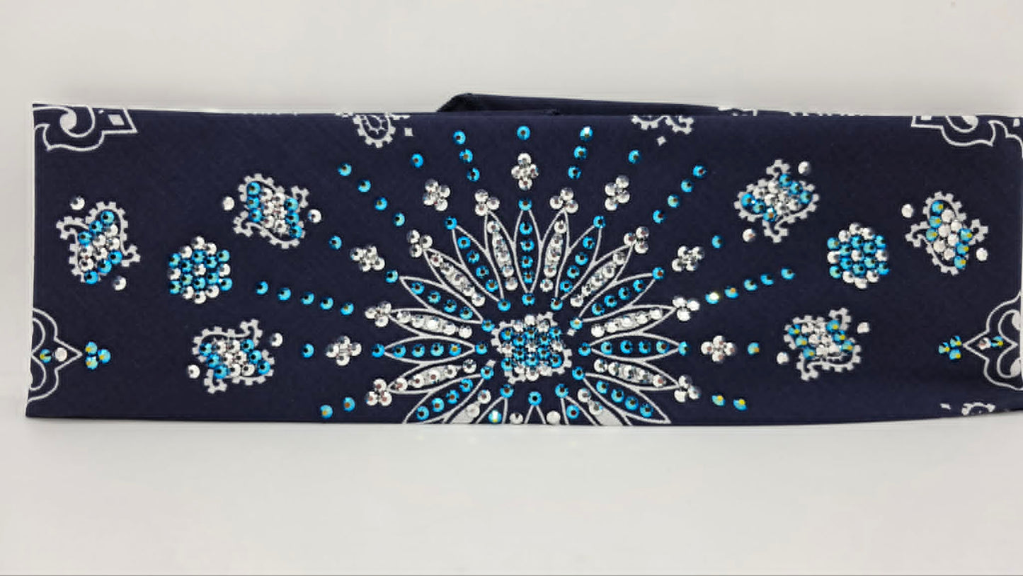 LeeAnnette Navy Blue Paisley Bandana with Jet Shimmer and Chrome Austrian Crystals (L40250)