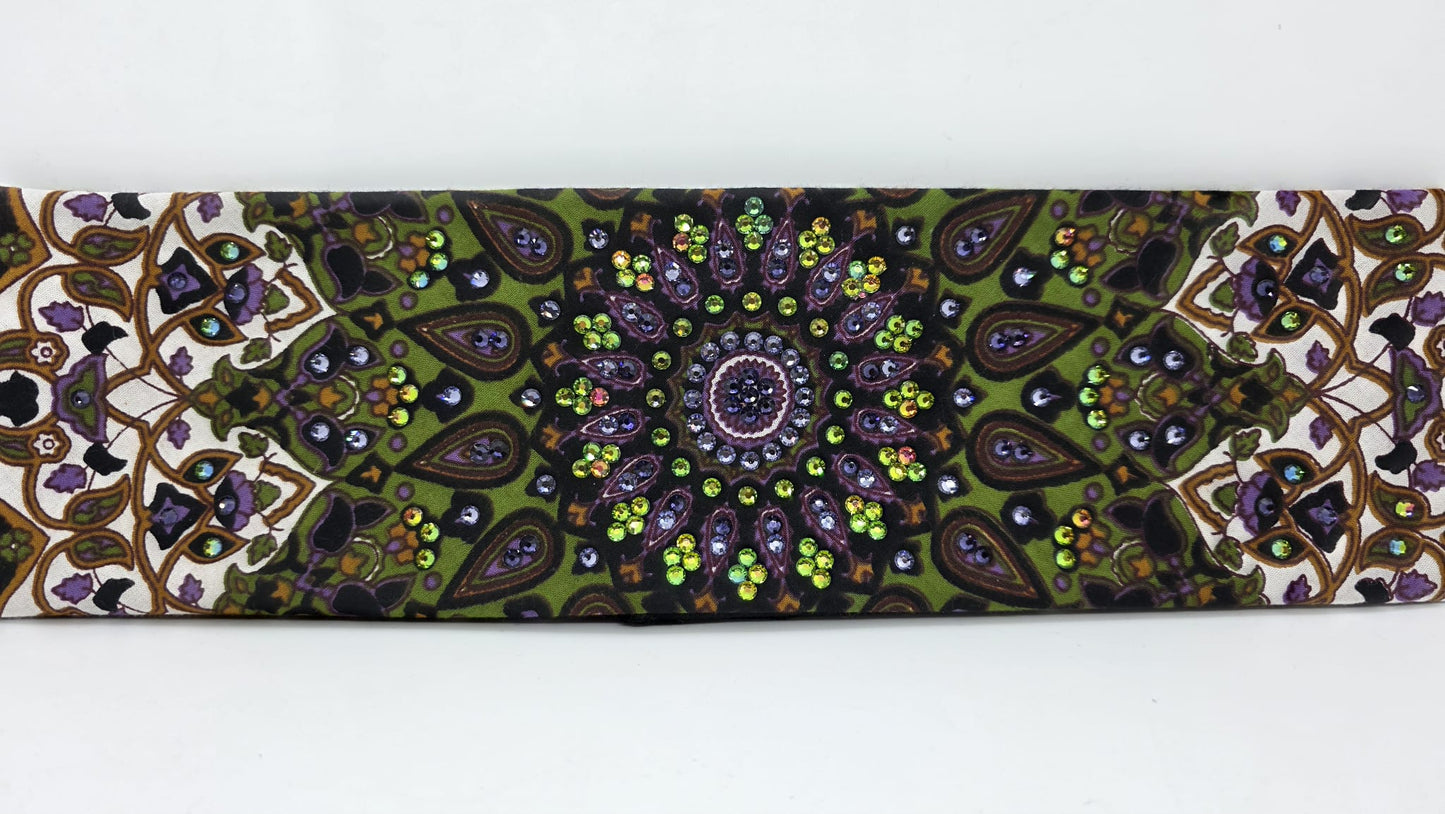 EXTRA BLING -Green Indian Bandana with Light Purple, Dark Purple and Vitrail Medium Austrian Crystals (sku6416)