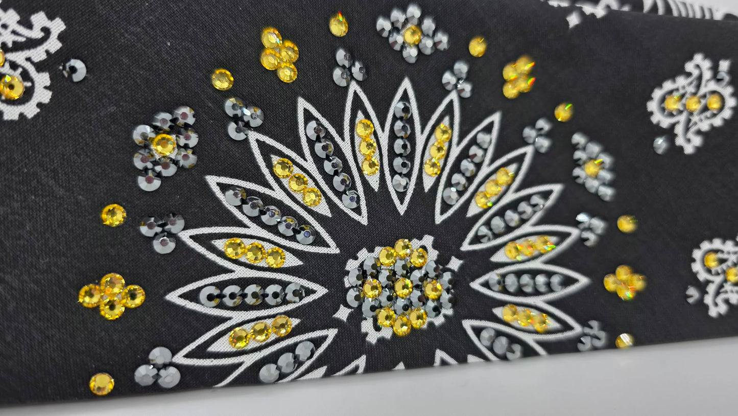 EXTRA BLING -Black Paisley Bandana with Golden Yellow and Black Austrian Crystals (E60110)