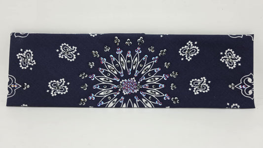 EXTRA BLING - Navy Paisley Bandana with Red Shimmer and Black Austrian Crystals (sku6394)