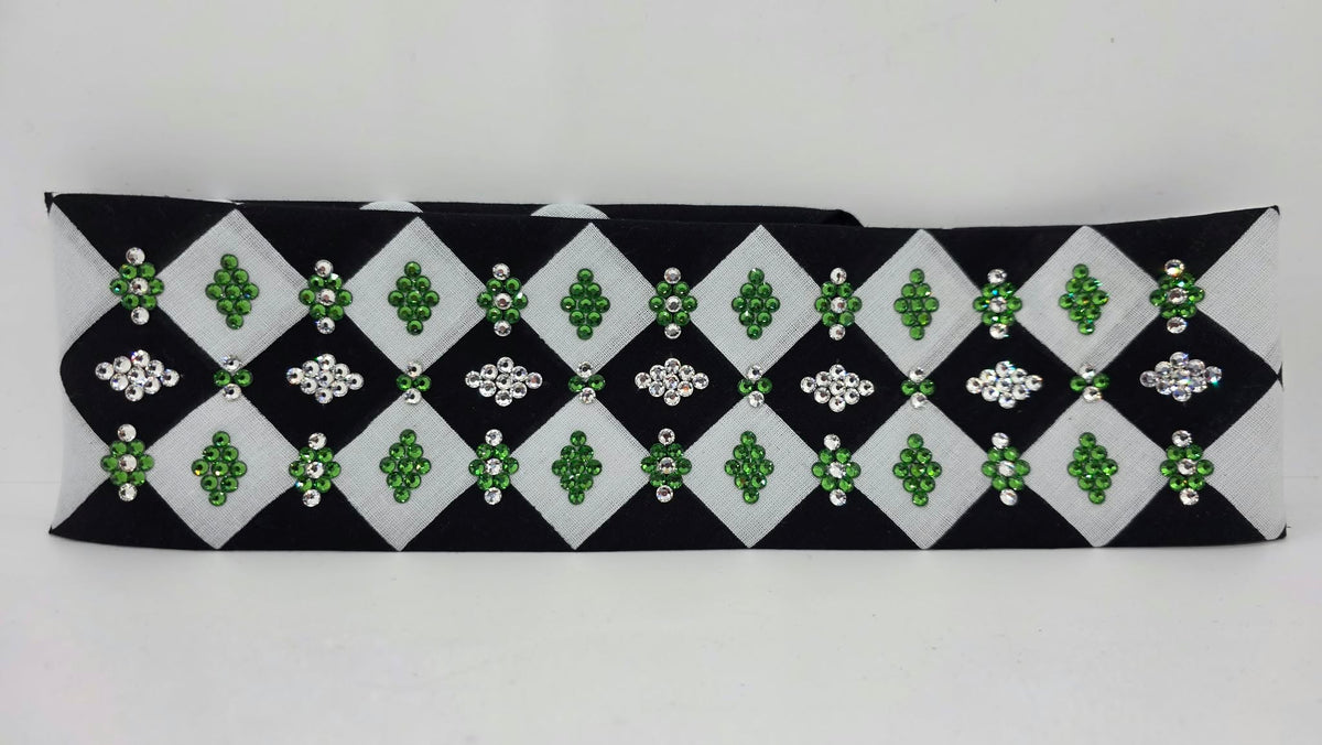LeeAnnette Black and White Checker Bandana with Green and Diamond Clear Austrian Crystals (L40287)