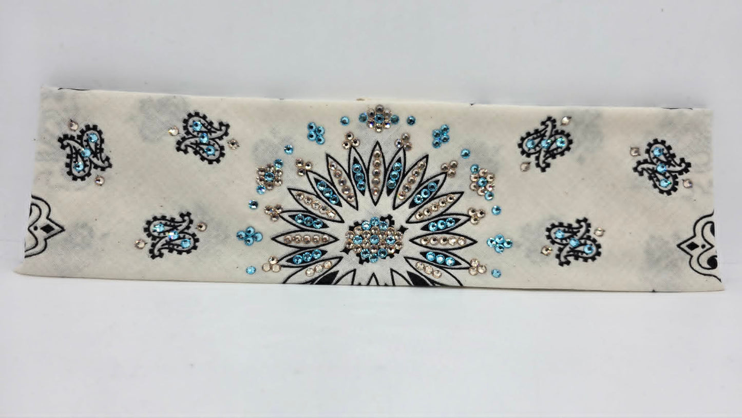 Off White Paisley Bandana with Aqua and Honey Austrian Crystals (E60147)