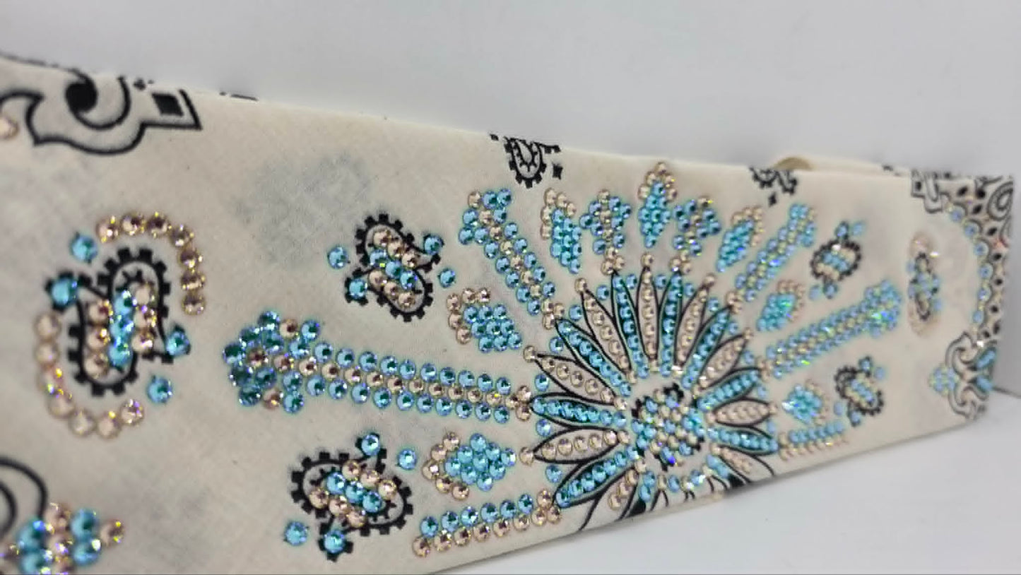 Super LeeAnnette Off White Paisley Bandana with Aqua and Honey Austrian Crystals (S48161)