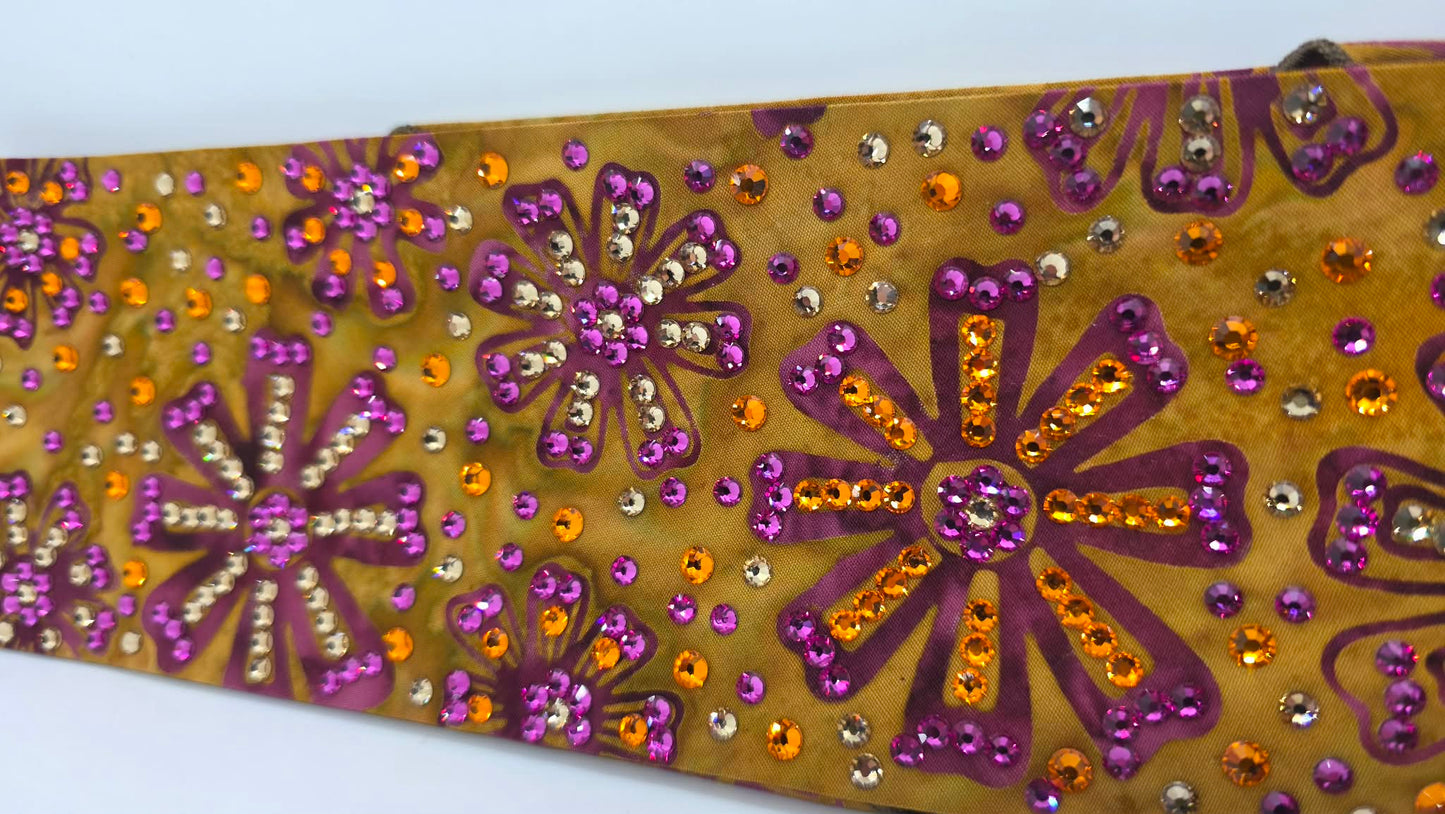 Super LeeAnnette Purple Flowers on Brown Batik Bandana with Golden Brown, Fuchsia and Orange Austrian Crystals (S48129)