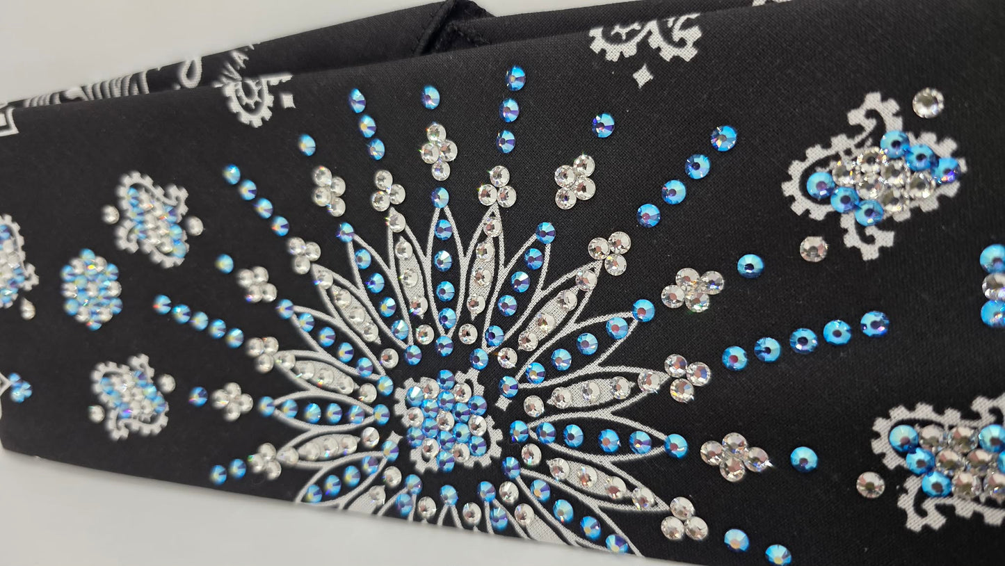 LeeAnnette Black Paisley Bandana with Blue Shimmer and Diamond Clear Austrian Crystals (L40207)