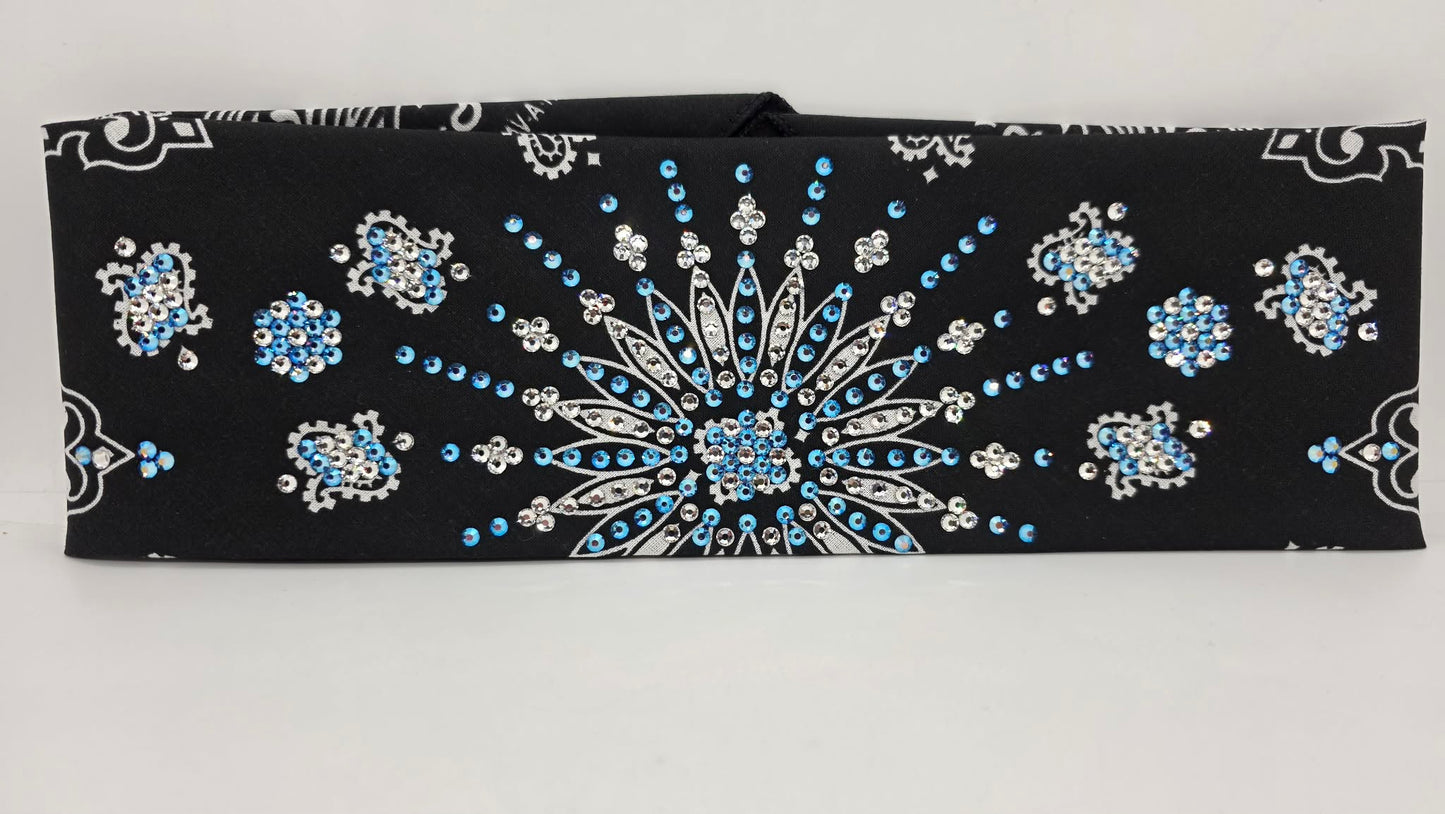 LeeAnnette Black Paisley Bandana with Blue Shimmer and Diamond Clear Austrian Crystals (L40207)