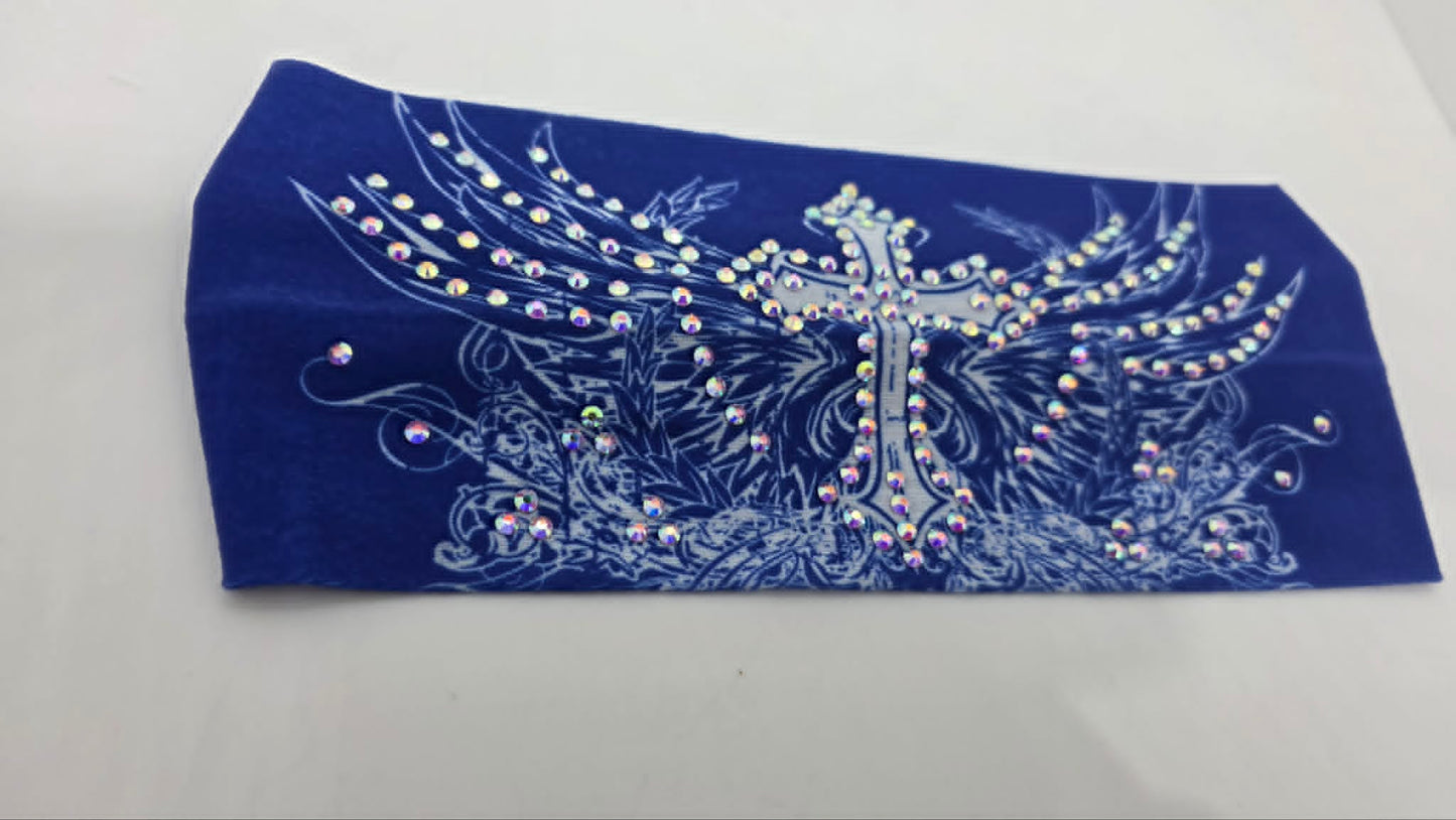 Stretchy Headband Cross and Wings on Blue with Aurora Borealis Crystals (Sku5471)