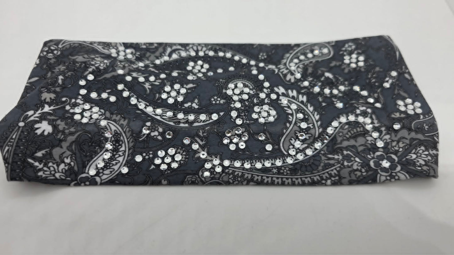 Stretchy Headband Grey Paisley with Clear Crystals (Sku5478)