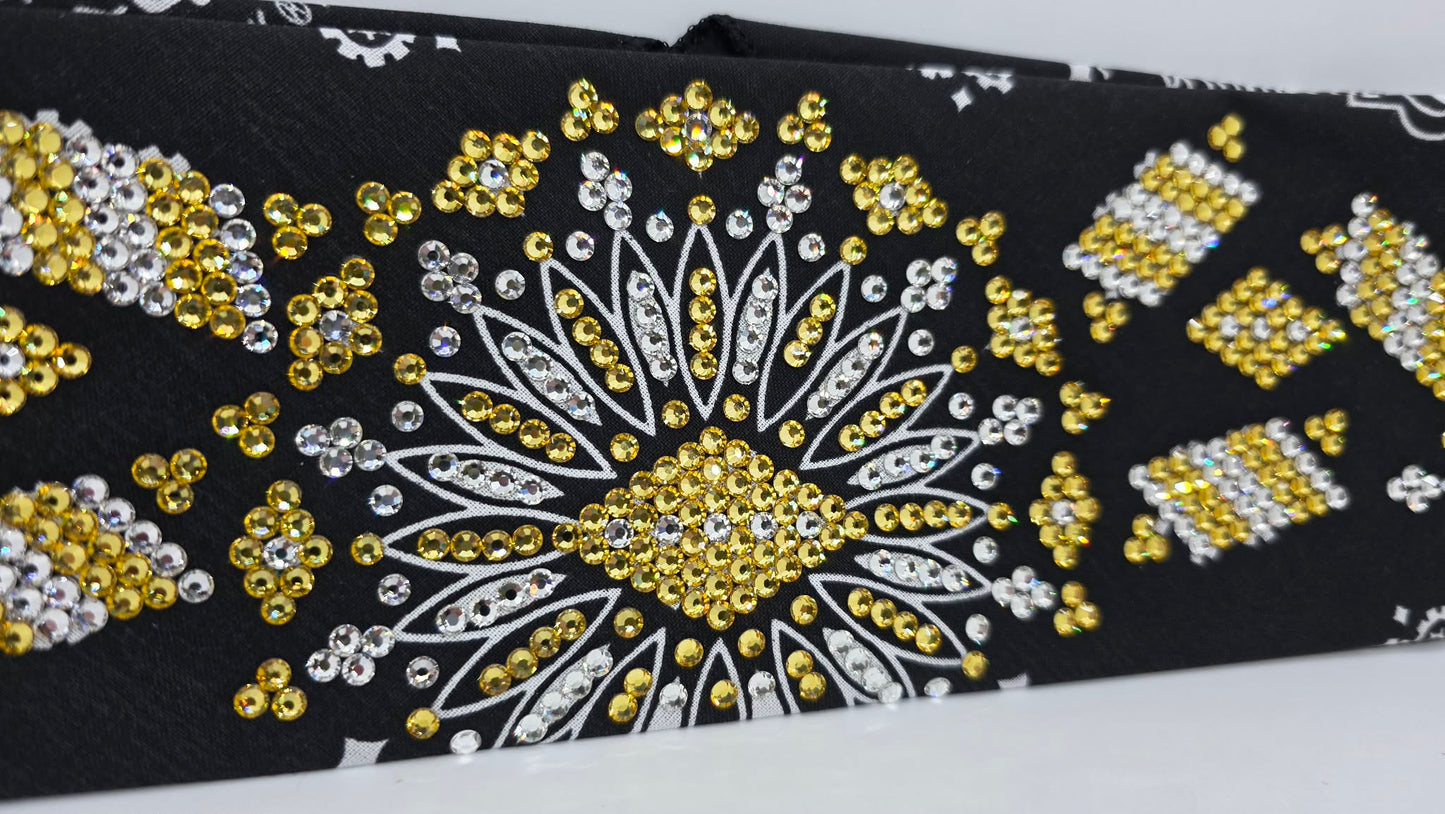 Super LeeAnnette Black Paisley Bandana with Golden Yellow and Diamond Clear Austrian Crystals (S48121)