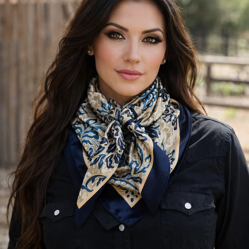 Plain Cream and Blue Floral Scarf P31004
