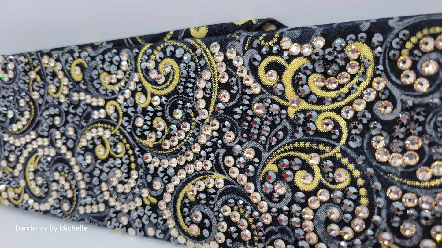 Super Duper LeeAnnette Gold and Grey Scrolls on Black Bandana with Honey and Black Austrian Crystals (Sku40002)