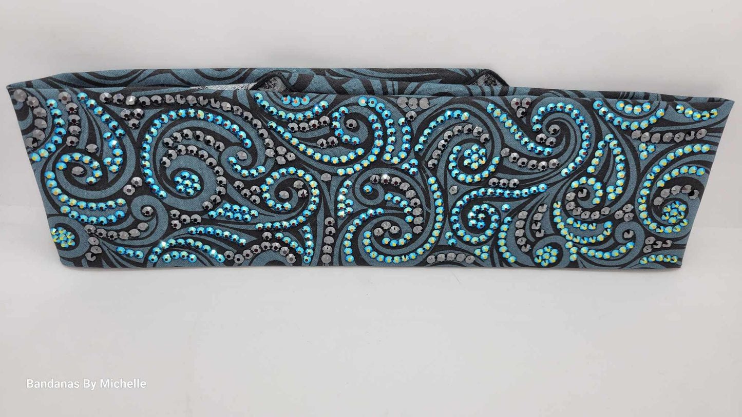 Super LeeAnnette Black and Grey Scrolls Bandana with Black Shimmer and Black Austrian Crystals (Sku40003)