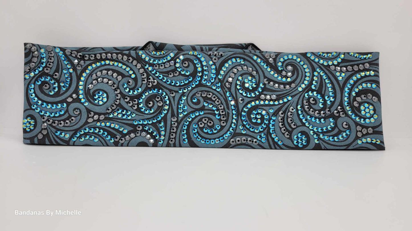 Super LeeAnnette Black and Grey Scrolls Bandana with Black Shimmer and Black Austrian Crystals (Sku40003)