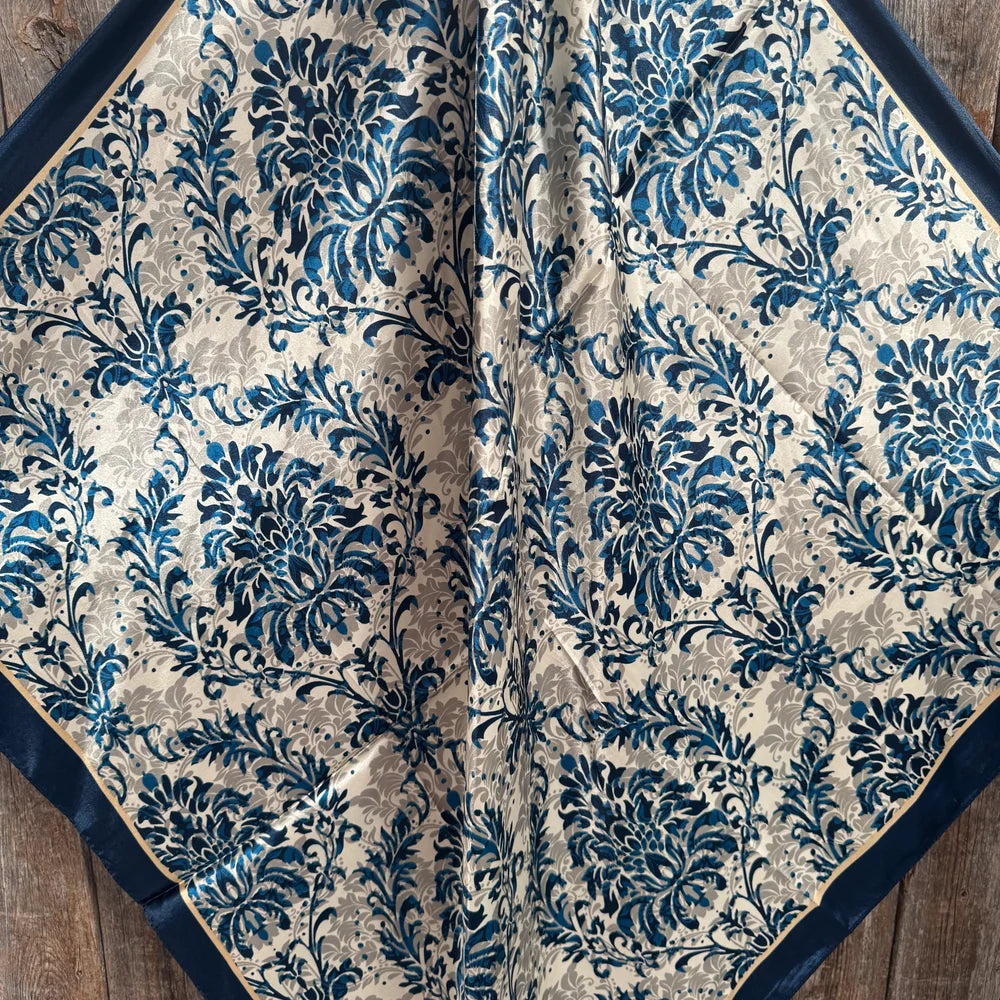 Plain Cream and Blue Floral Scarf P31004