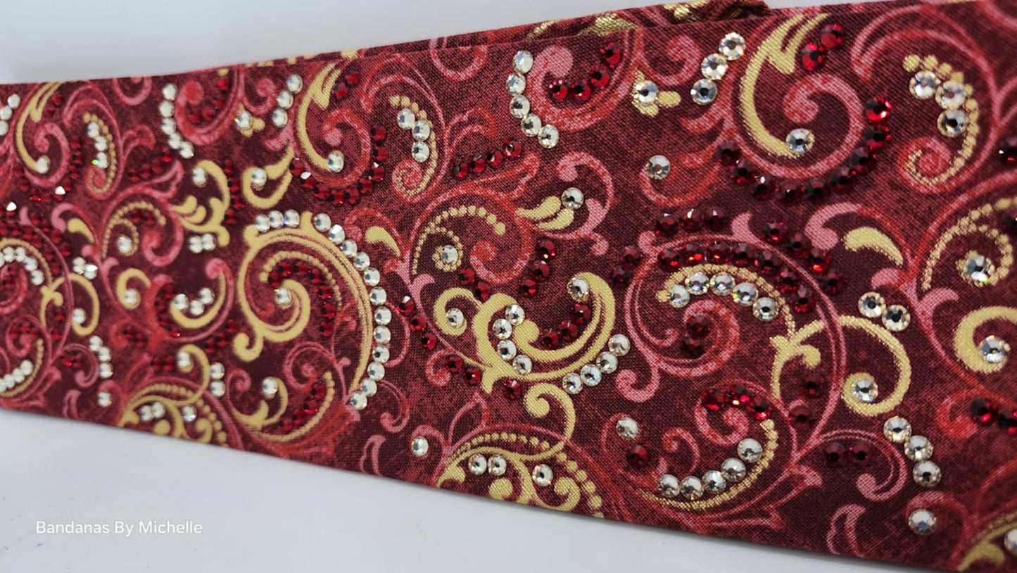 LeeAnnette Gold Scrolls on Red Bandana with Honey and Red Austrian Crystals (sku40011)