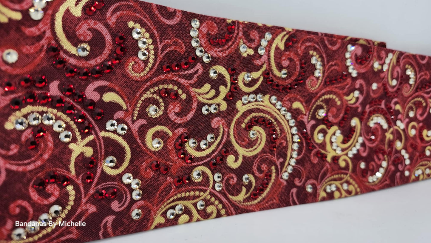 LeeAnnette Gold Scrolls on Red Bandana with Honey and Red Austrian Crystals (sku40011)