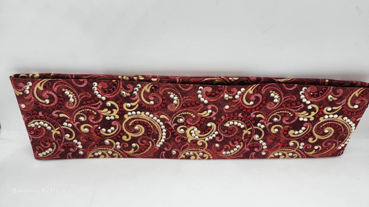 LeeAnnette Gold Scrolls on Red Bandana with Honey and Red Austrian Crystals (sku40011)