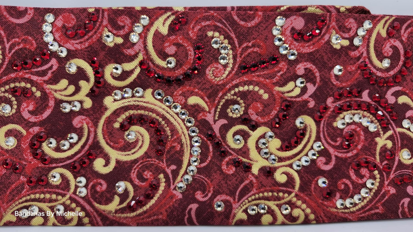 LeeAnnette Gold Scrolls on Red Bandana with Honey and Red Austrian Crystals (sku40011)