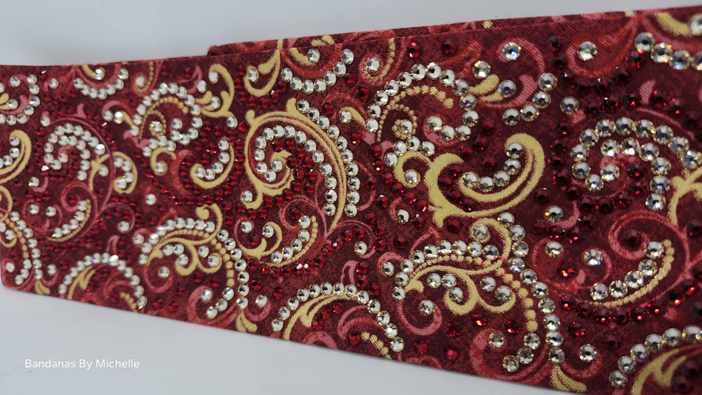 Super LeeAnnette Gold Scrolls on Red Bandana with Honey and Red Austrian Crystals (Sku40012)