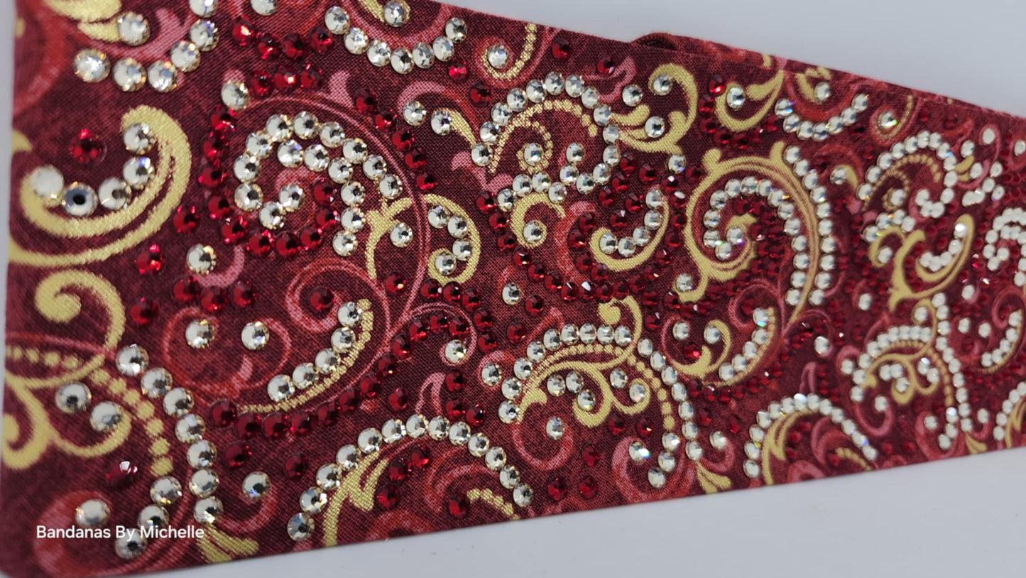 Super LeeAnnette Gold Scrolls on Red Bandana with Honey and Red Austrian Crystals (Sku40012)