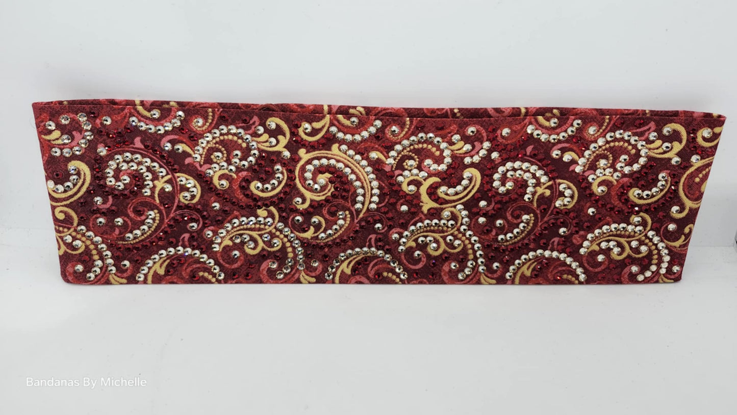 Super LeeAnnette Gold Scrolls on Red Bandana with Honey and Red Austrian Crystals (Sku40012)