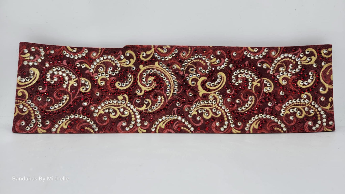 Super LeeAnnette Gold Scrolls on Red Bandana with Honey and Red Austrian Crystals (Sku40012)