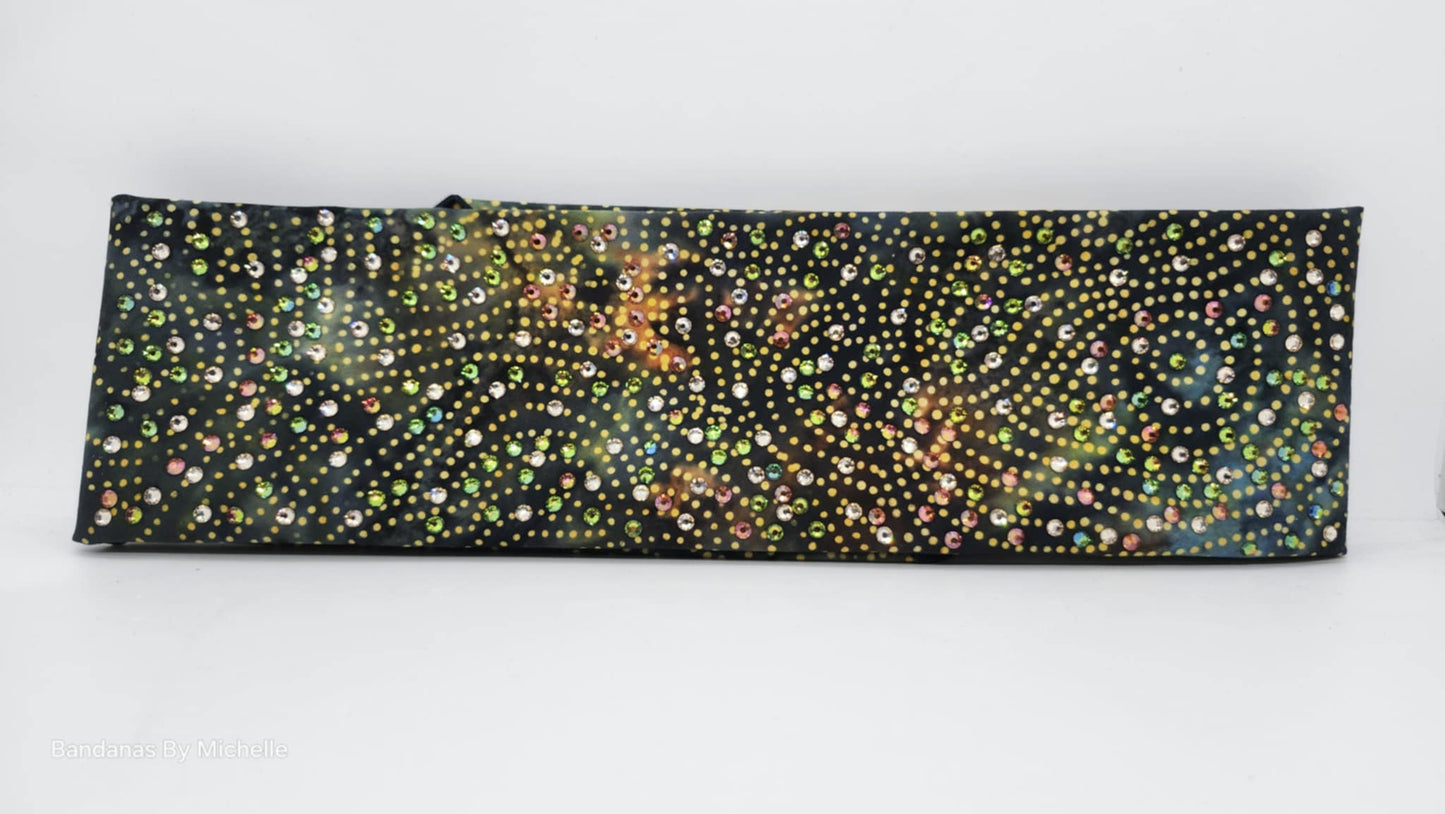 LeeAnnette Batik Green and Gold Dots Bandana with Honey, Lava and Vitrail Austrian Crystals (sku40013)