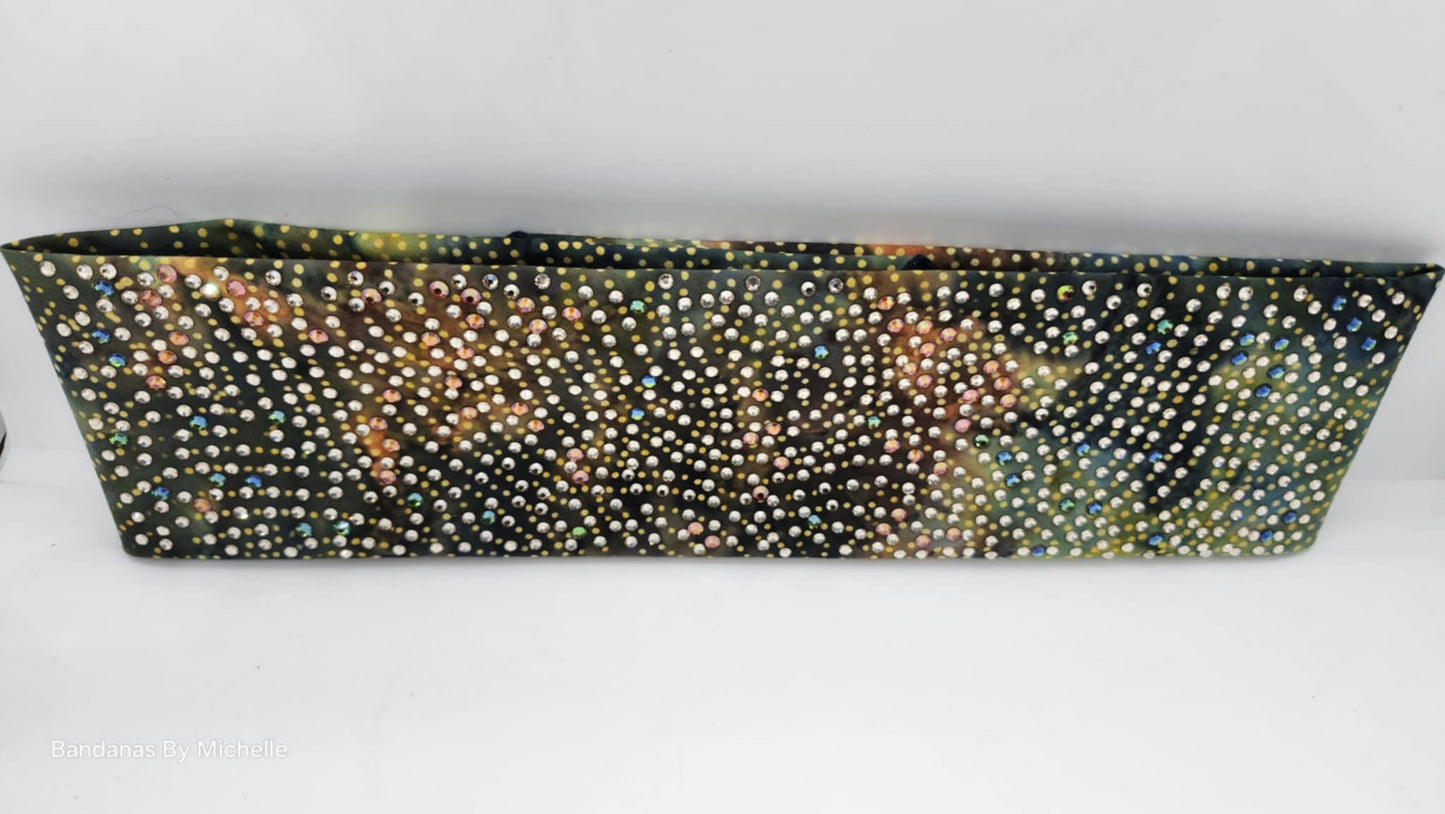 Super LeeAnnette Batik Green and Gold Dots Bandana with Honey, Lava and Vitrail Austrian Crystals (Sku40014)