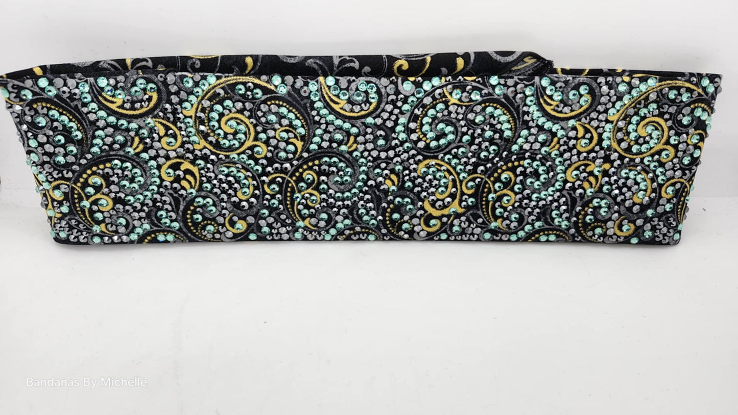 Super Duper LeeAnnette Gold and Grey Scrolls on Black Bandana with Caribbean Sea and Black Austrian Crystals (Sku40015)