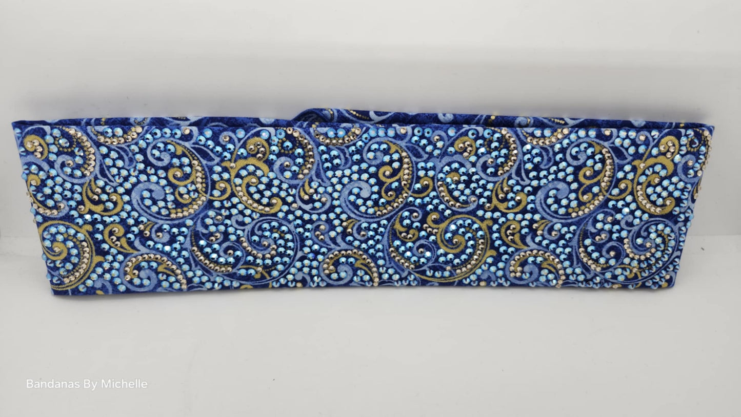 Super Duper LeeAnnette Gold Scrolls on Royal Blue Bandana with Blue Shimmer and Honey Austrian Crystals (Sku40016)