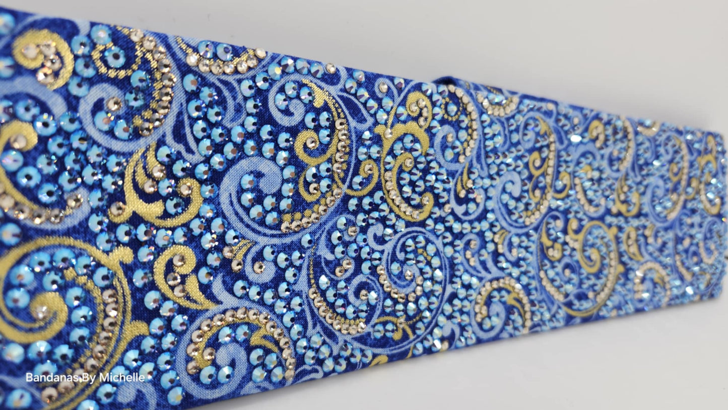 Super Duper LeeAnnette Gold Scrolls on Royal Blue Bandana with Blue Shimmer and Honey Austrian Crystals (Sku40016)