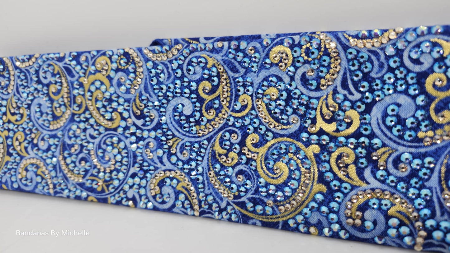 Super Duper LeeAnnette Gold Scrolls on Royal Blue Bandana with Blue Shimmer and Honey Austrian Crystals (Sku40016)