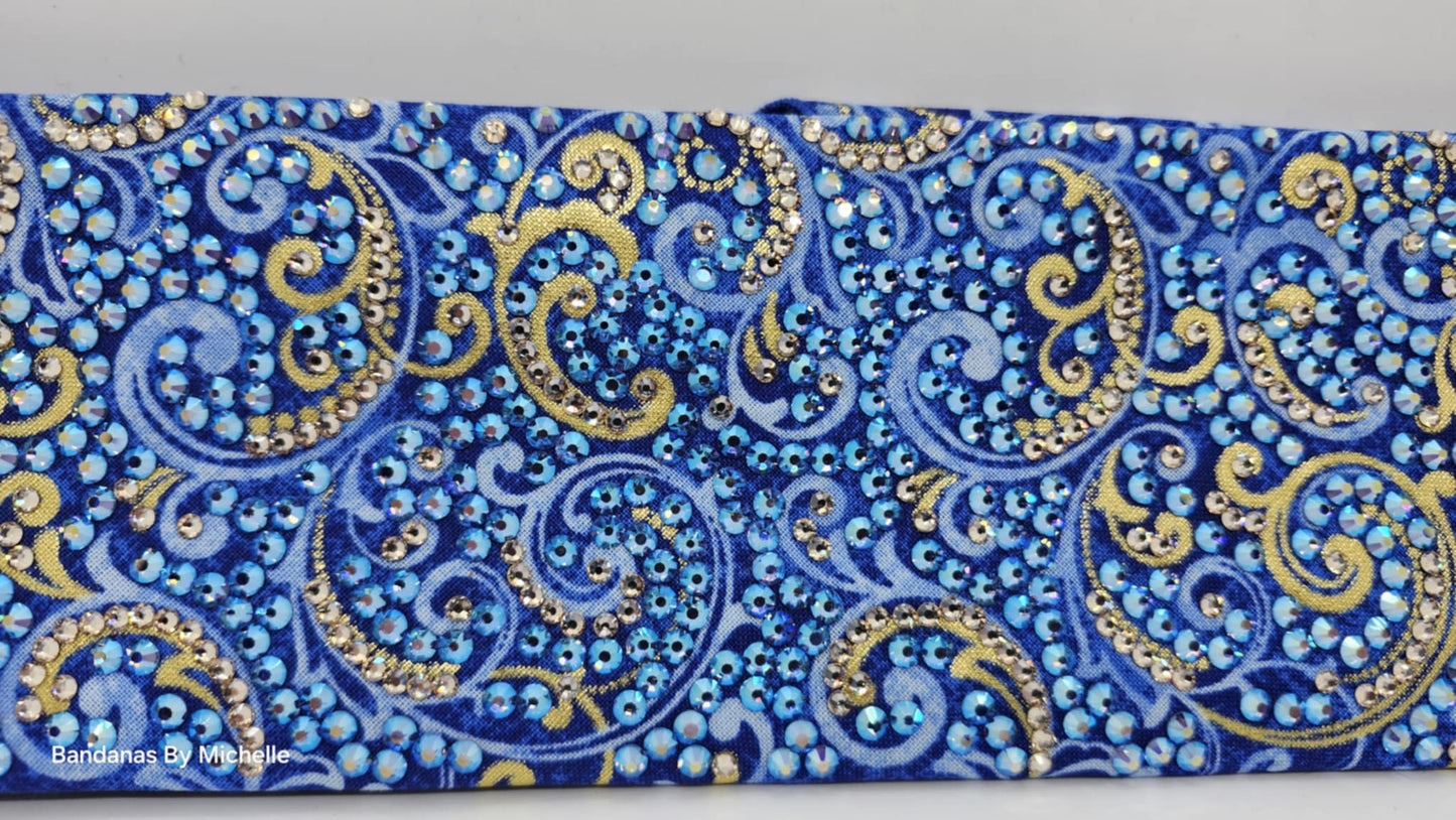 Super Duper LeeAnnette Gold Scrolls on Royal Blue Bandana with Blue Shimmer and Honey Austrian Crystals (Sku40016)