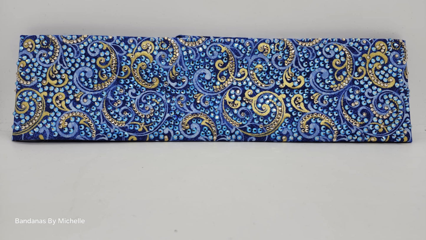 Super Duper LeeAnnette Gold Scrolls on Royal Blue Bandana with Blue Shimmer and Honey Austrian Crystals (Sku40016)