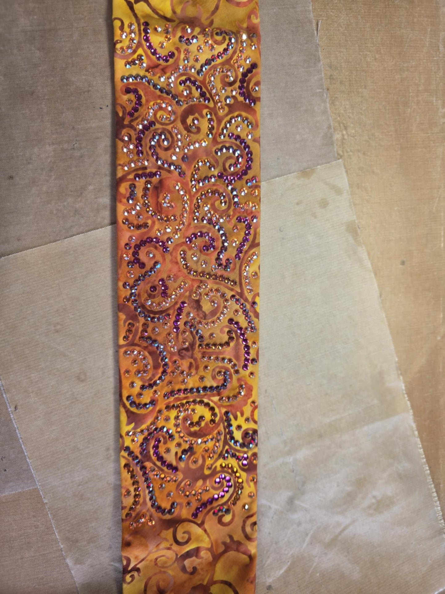 Super LeeAnnette Orange Scrolls Bandana with Lava, Fuchsia and Red Shimmer Austrian Crystals (Sku40005)