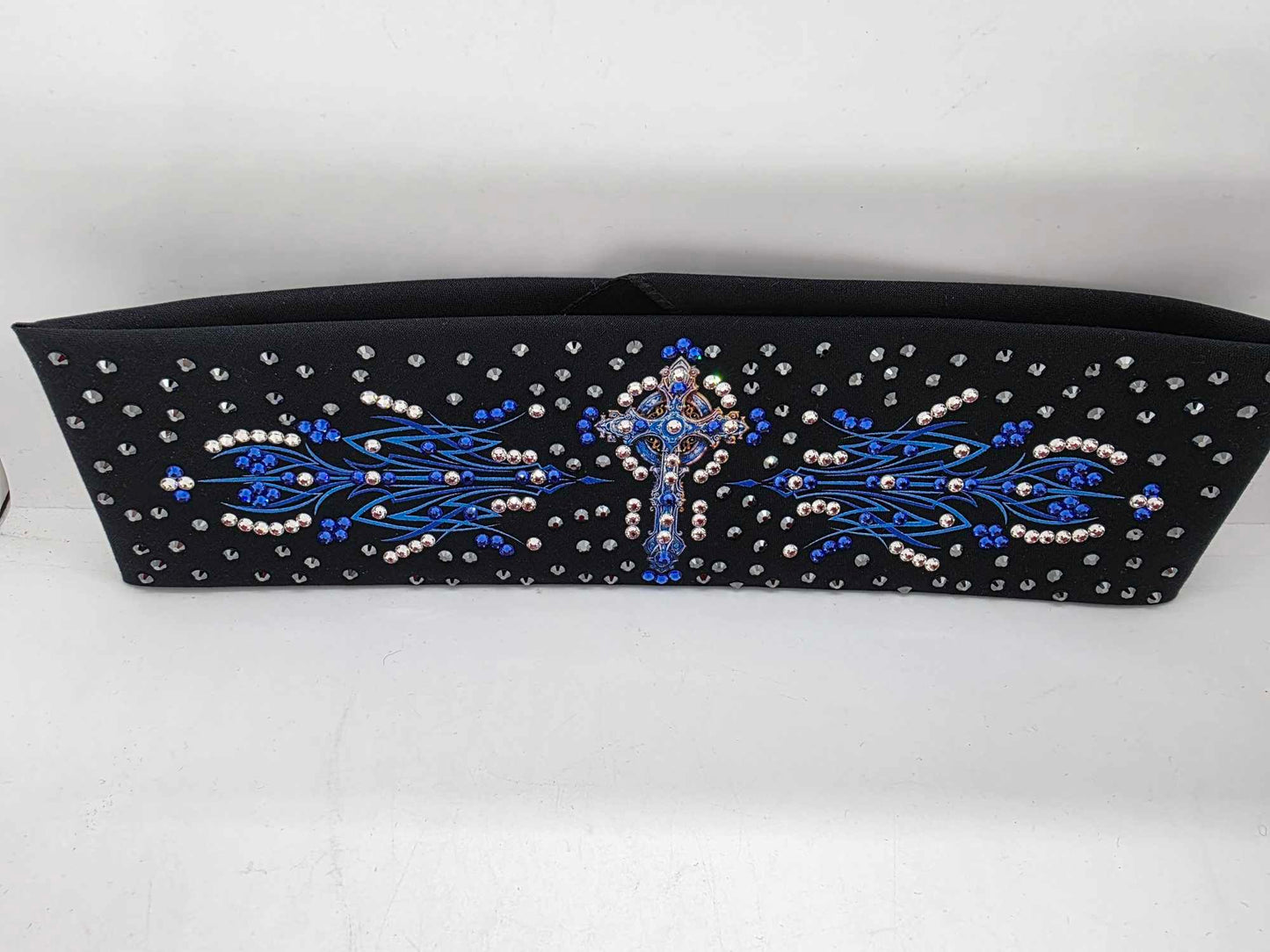 LeeAnnette Blue Cross and Pinstripes Bandana with Black, Blue and Diamond Clear Austrian Crystals (sku40035)