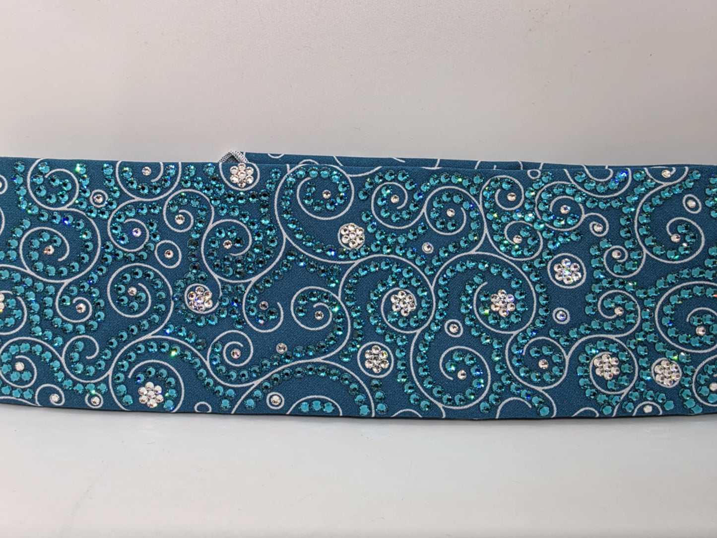Super Duper LeeAnnette Dark Teal Scrolls Bandana with Bright Blue and Diamond Clear Austrian Crystals (sku40050)