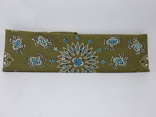LeeAnnette Olive Green Paisley Bandana with Jet Shimmer and Black Austrian Crystals (sku40057)