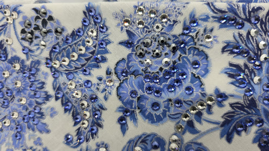 LeeAnnette Royal Blue Flowers Bandana with Black, Chrome, Blue/Violet and Diamond Clear Austrian Crystals (sku40078)