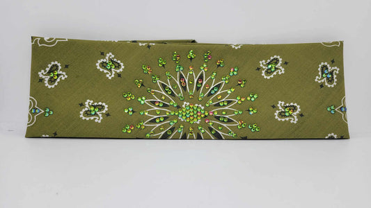 EXTRA BLING - Olive Green Paisley with Black and Vitrail Austrian Crystals (Sku4044)