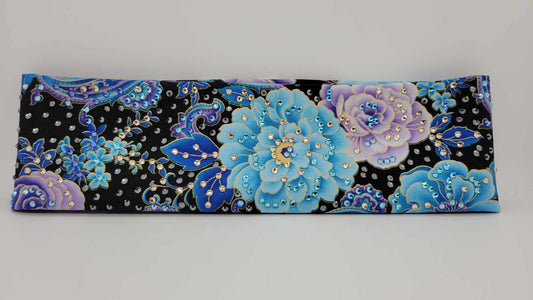 LeeAnnette Blue and Purple Flowers on Black with Black, Gold, Blue, purple and Blue Shimmer Austrian Crystals (Sku4045)