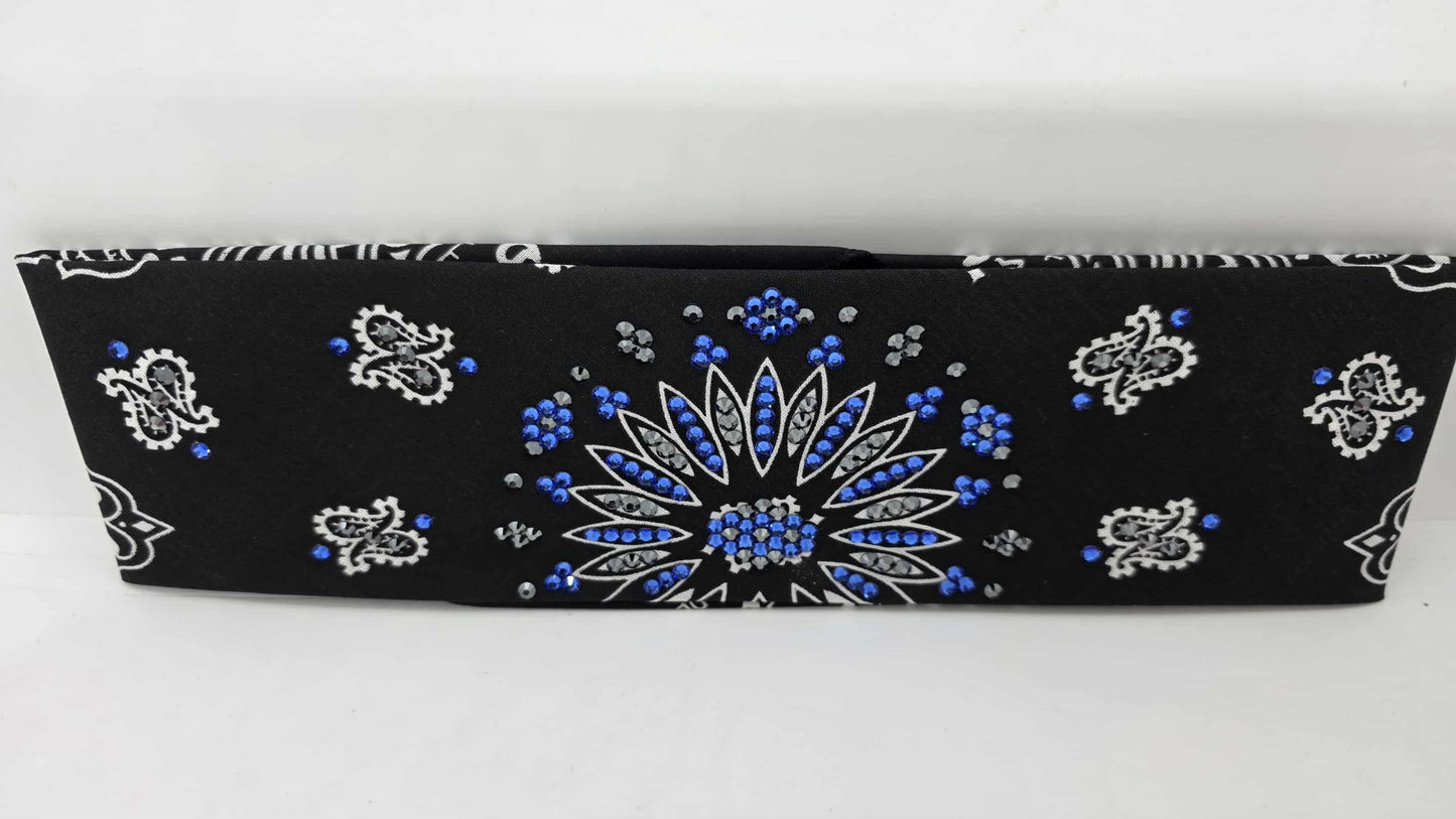 EXTRA BLING - Black Paisley Bandana with Sapphire and Black Austrian Crystals (sku6421)