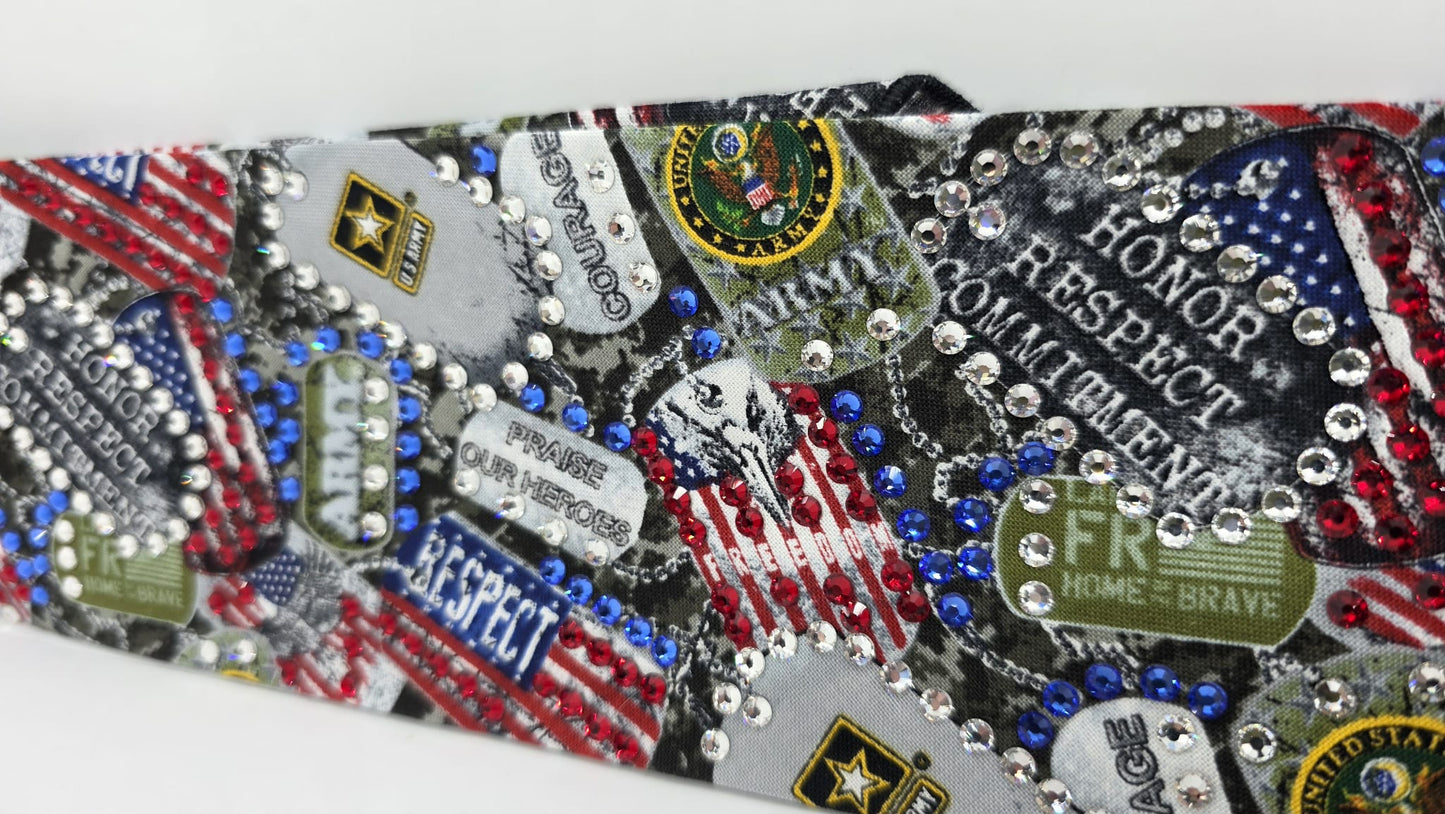 LeeAnnette Fancy Army Bandana with Blue, Red and Diamond Clear Austrian Crystals (sku40149)