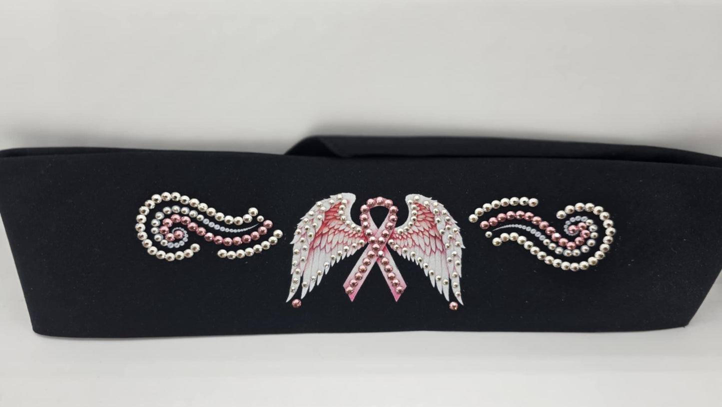 EXTRA BLING - Pink Ribbon with Wings Bandana with Pink and Diamond Clear Austrian Crystals (sku6385)