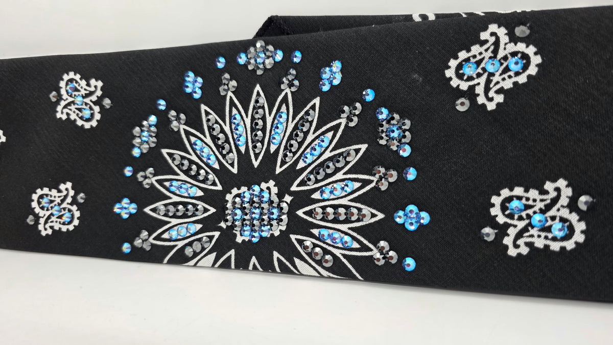 Black Paisley Bandana with Blue Shimmer and Black Austrian Crystals (E60170)