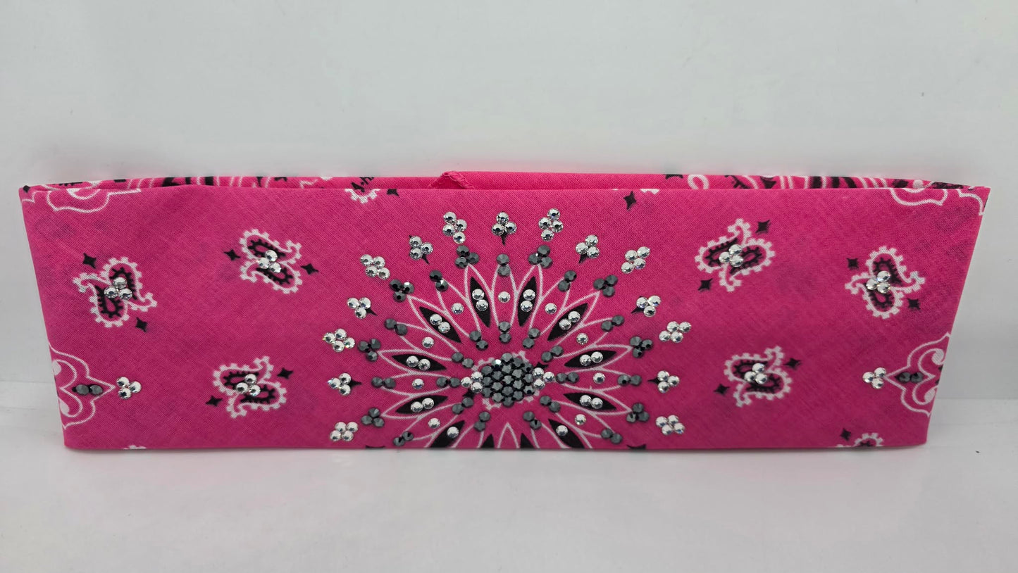 Pink Paisley Bandana with Black and Diamond Clear Austrian Crystals (E60132)