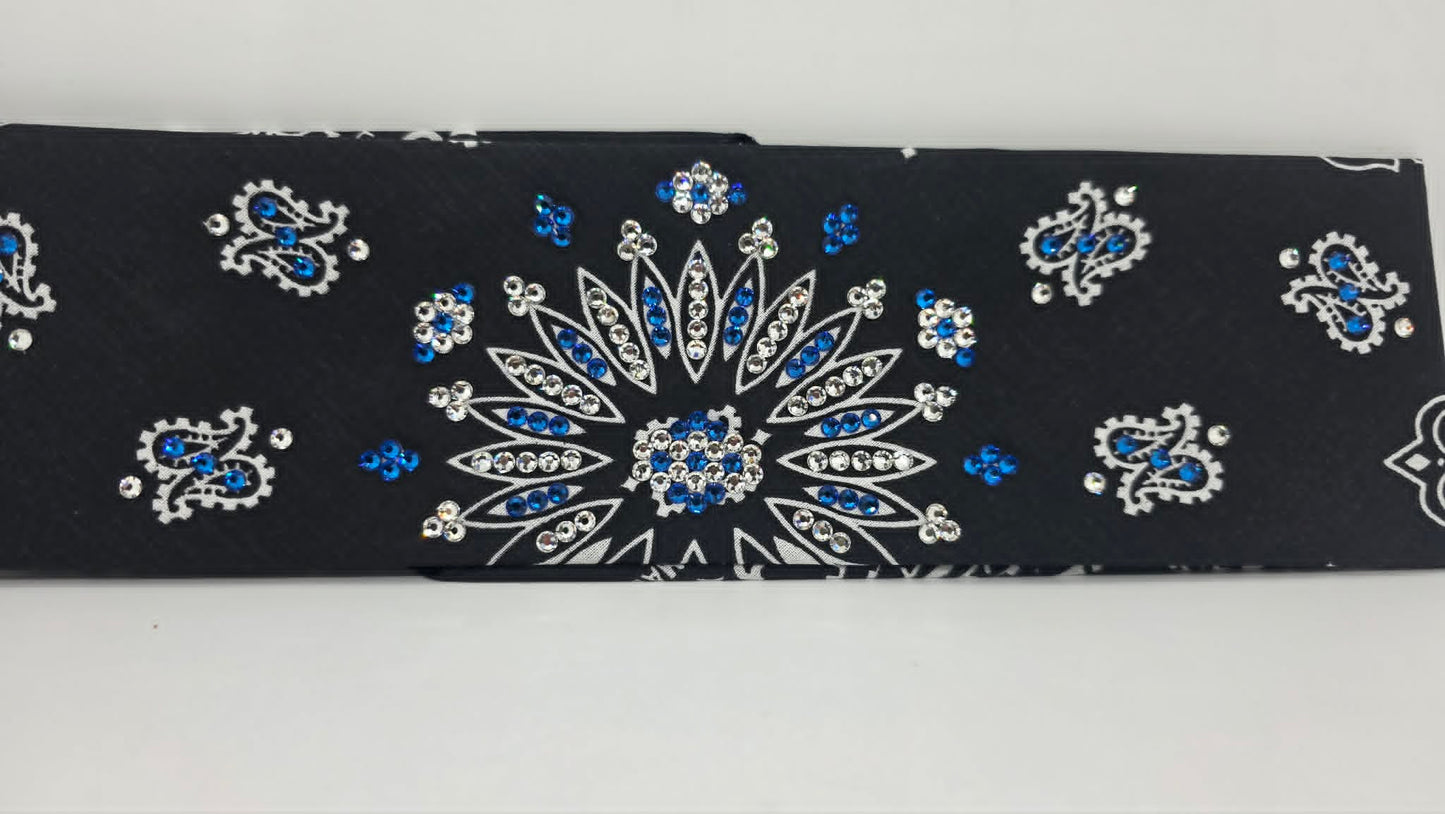 Black Paisley Bandana with Capri Blue and Diamond Clear Austrian Crystals (E60142)